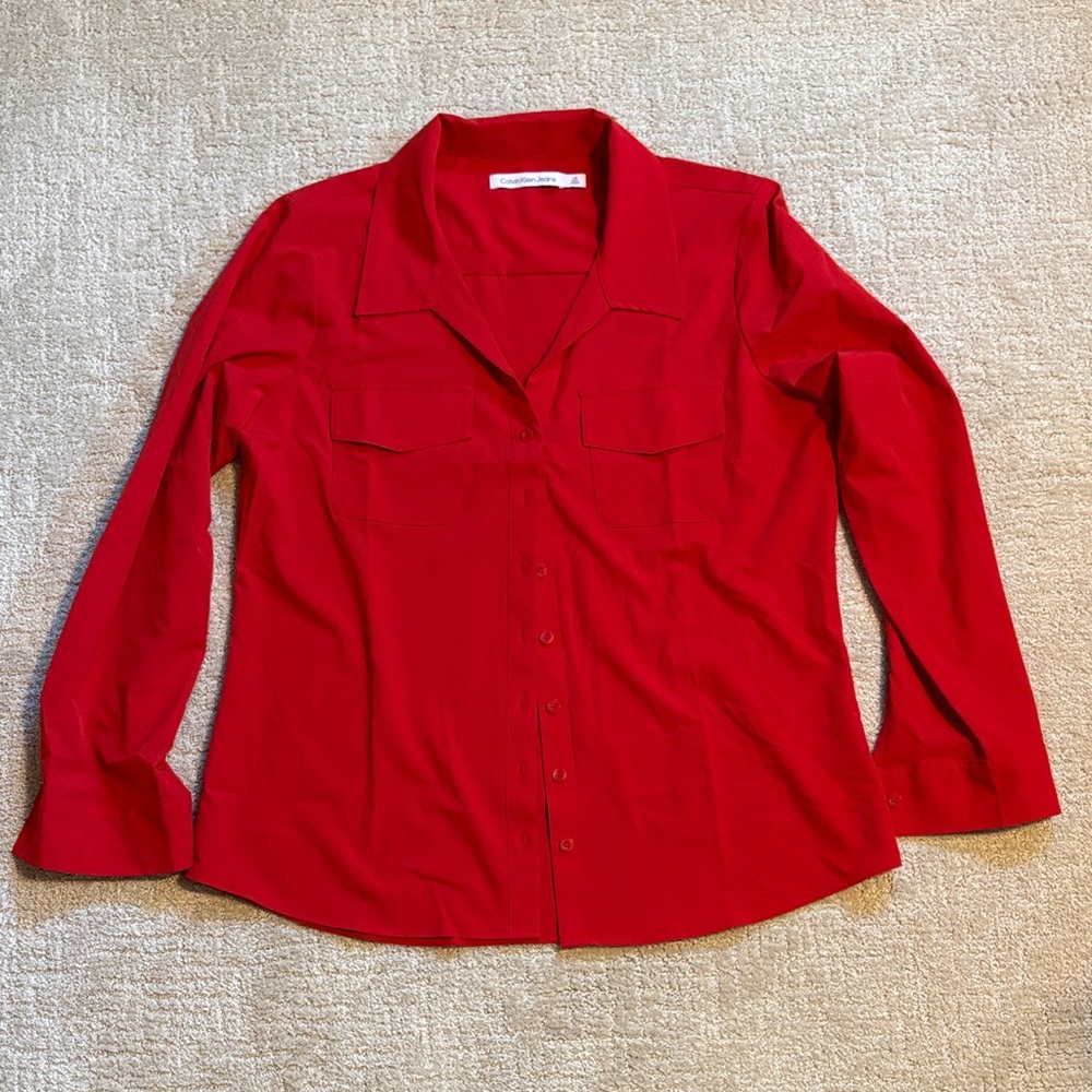 Calvin Klein Jeans Red Button-Down Shirt Womens Large Holiday Fall Winter